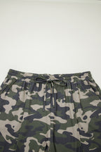 Green Tie Elastic Waist Pocketed Plus Size Camo Shorts