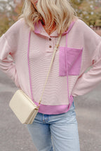 Light Pink Corded Colorblock Patch Pocket Drawstring Hooded Top