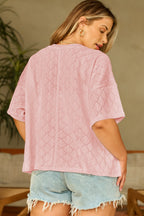 Sky Blue Pointelle Rhombus Knit Plus Size V Neck Loose Top