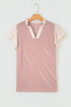 Vineyard Green Plus Size Contrast Frilled Neckline Ruffled Short Sleeve Ribbed Textured Blouse