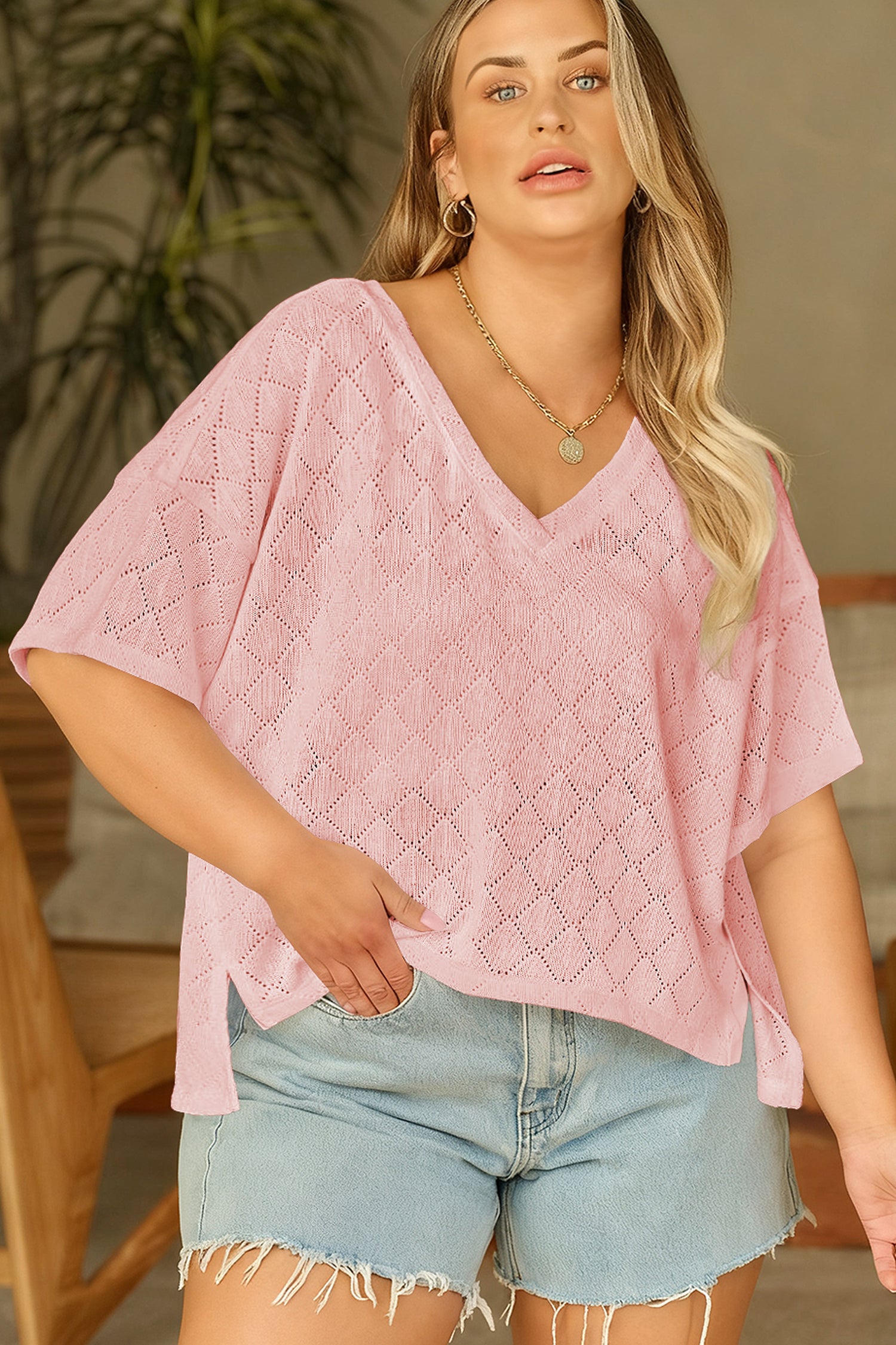 Sky Blue Pointelle Rhombus Knit Plus Size V Neck Loose Top