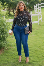 Black Plus Size Mock Neck Polka Dot Long Sleeve Mesh Top