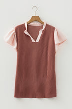 Vineyard Green Plus Size Contrast Frilled Neckline Ruffled Short Sleeve Ribbed Textured Blouse