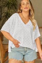 Sky Blue Pointelle Rhombus Knit Plus Size V Neck Loose Top