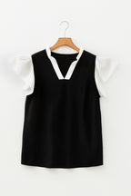 Vineyard Green Plus Size Contrast Frilled Neckline Ruffled Short Sleeve Ribbed Textured Blouse