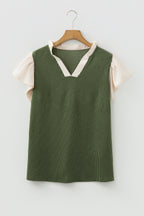Vineyard Green Plus Size Contrast Frilled Neckline Ruffled Short Sleeve Ribbed Textured Blouse