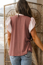 Vineyard Green Plus Size Contrast Frilled Neckline Ruffled Short Sleeve Ribbed Textured Blouse