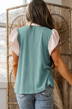 Vineyard Green Plus Size Contrast Frilled Neckline Ruffled Short Sleeve Ribbed Textured Blouse