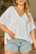 Sky Blue Pointelle Rhombus Knit Plus Size V Neck Loose Top