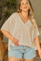 Sky Blue Pointelle Rhombus Knit Plus Size V Neck Loose Top