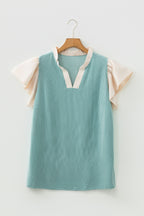 Vineyard Green Plus Size Contrast Frilled Neckline Ruffled Short Sleeve Ribbed Textured Blouse